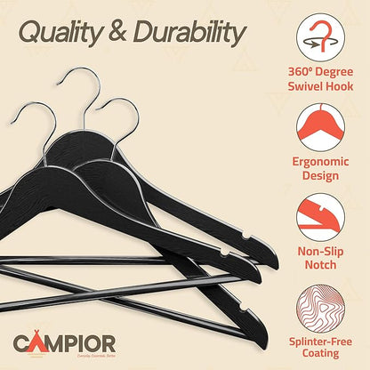 Black Wooden Hangers 20 Pack – Heavy-Duty with 360° Swivel Hook, Non-Slip, Pants Bar & Shoulder Grooves - Wooden Hangers for Suits, Jackets, Dresses & Camisoles, Space-Saving and Smooth Finish