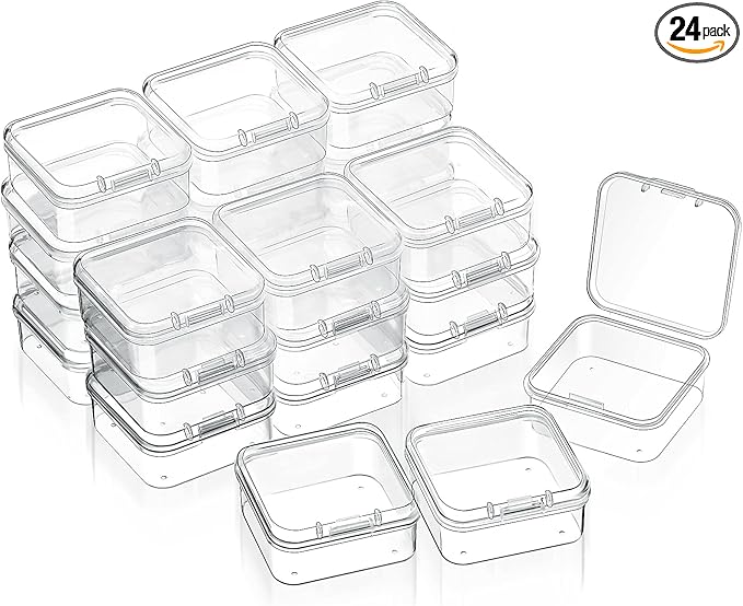 SATINIOR 24 Packs Small Clear Plastic Beads Storage Containers Box with Hinged Lid for Storage of Small Items, Crafts, Jewelry, Hardware(1.7 x 1.7 x 0.8 Inches)