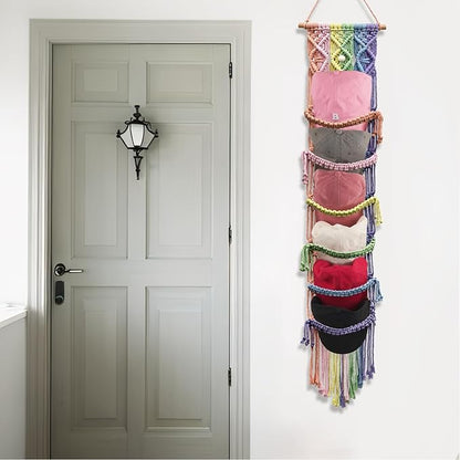 KaloKalo 2PCS Macrame Cap Holder Boho Hat Hangers Over Door Decorative Bohemian Handmade Ball Cap Rack Organizer Woven Wall Hanging for Baseball Cap Display Decorations (Rainbow, Up to 24 Caps)