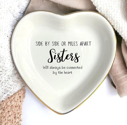 HatafaFurni Ring Dish Gift for Sister From Sister - Side By Side Or Miles Apart Sisters Will Always Be Connected By The Heart - Wedding Gift, Christmas Gift for Sister - Jewelry Dish,Ceramic Ring Dish