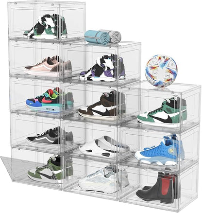 Knifefish 12 Packs Large Acrylic Clear Shoe Boxes with Magnetic Door, Strong Stackable Shoe Organizers, Sneaker Containers, Boot Display Case Up to US Size 15