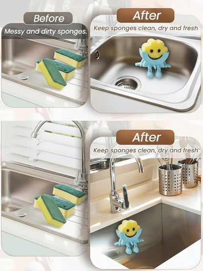 3D Printed Sponge Holder for Scrub Daddy Cute Smiley Sponge Holder with Drainage Funny Sponges Stand for Kitchen Sink Accessories Organizer Storage Utility Declutter Gadgets (Black)