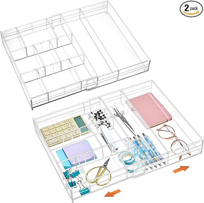 Briwooody 2 Pcs Acrylic Desk Drawer Organizer Maximum 11.8 x 17 x 1.9 Inch Expandable Drawer Organizer Trays with 7 Adjustable Compartments Desk Accessories for Makeup Silverware Office Bathroom