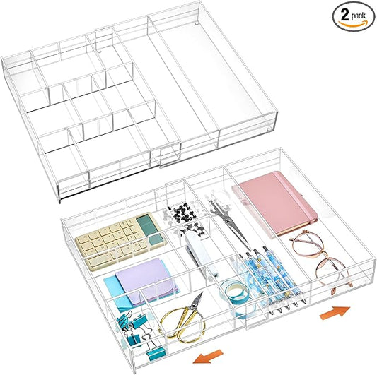 Briwooody 2 Pcs Acrylic Desk Drawer Organizer Maximum 11.8 x 17 x 1.9 Inch Expandable Drawer Organizer Trays with 7 Adjustable Compartments Desk Accessories for Makeup Silverware Office Bathroom