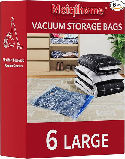 Vacuum Storage Bags 6 Large, Plastic Packaging Bags,Space Saver Bags for Clothes, Pillows, Comforters, Blankets, Bedding(NO PUMP)