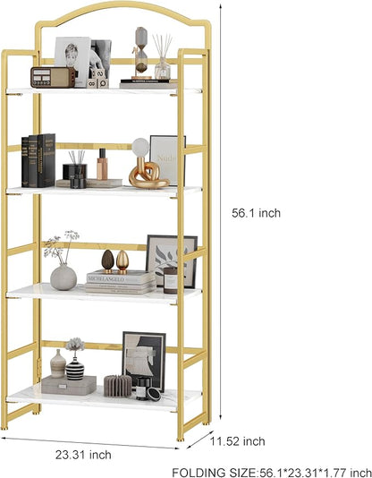 JSB No Assembly Folding Bookshelf, 4 Tier Book Shelf for Storage, Vintage Wood Foldable Bookcase for Living Room, Bedroom, Office Organization Shelves