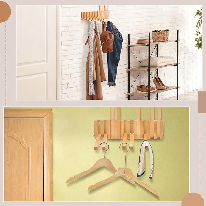 Beech Wood Wall Mounted Drying Rack for Laundry Room with 10 Mount Folding Coat Hooks Racks Drying Hanger for Clothes Bathroom Hat Towels Robes Rack Saving Space