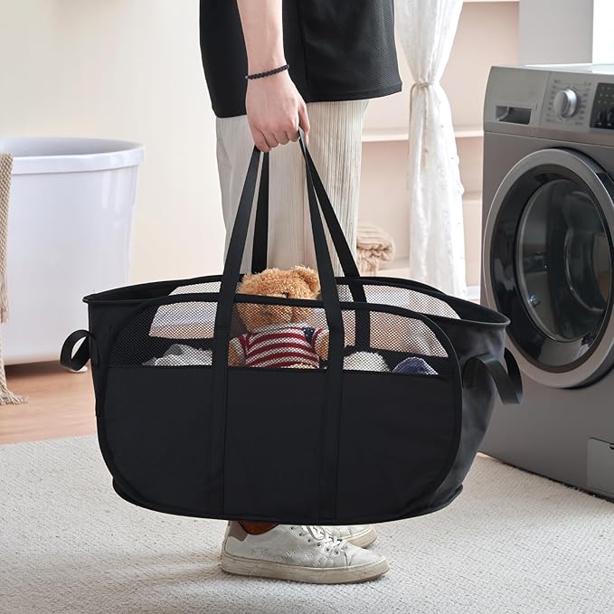 TECHMILLY Collapsible Laundry Basket, Foldable Tear Proof Mesh Pop Up Hamper with Reinforced Carry Handles for Laundry, Bathroom, Dorm or Travel (Black)