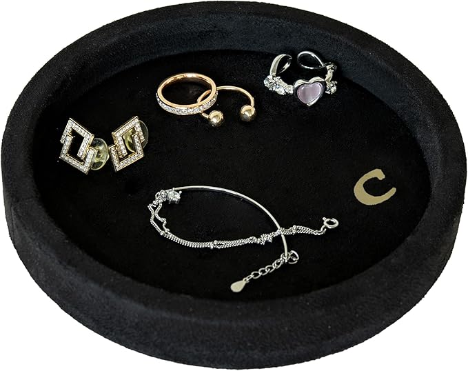 COLLECTIVE HOME - Velvet Jewelry Tray, 6" Monogrammed Jewelry Dish, Smooth Velour Display Dish for Rings, Earrings, Necklaces, Makeup, Personalized Gifts for Women (Black-c)