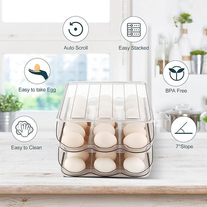 Egg Holder for Fridge, Automatically Rolling Egg Storage Container for Refrigerator,Large Capacity Egg Organizer for Fridge with Lid,Clear Plastic Dispenser, Tray & Bin -2 Layer