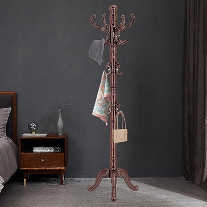 ZOZOE Wooden Classic Coat Rack Stand, Solid Wood Coat Rack Freestanding with 14 Hooks, Vintage Coat Racks with Sturdy Triangle Base, Natural Birch Wood Coat Tree Stand for Entryway Hallway