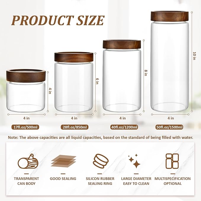 3 Pack 50 fl oz/1500 ml Clear Glass Storage Canister with Airtight Wooden Screw On Lid, Large Tall Decorative Glass Container Jar Set for Coffee, Nut, Tea, Candy, Cookie, Cereal, Sugar, Flour