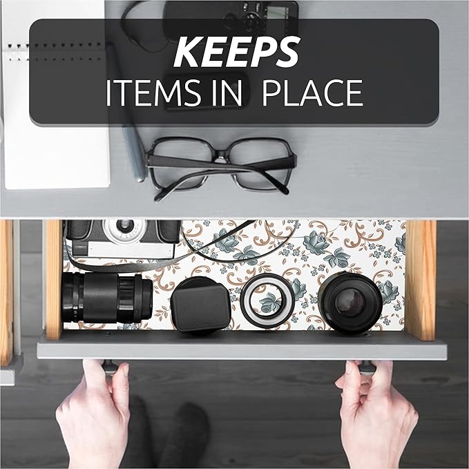 FIFTY FEET 20X120 Inch Shelf Liner for Kitchen Cabinets, PVC Drawer Liner for Dresser Non-Slip Bathroom, Non-Adhesive Cabinet Liner Washable (Black Floral)(1 Roll)