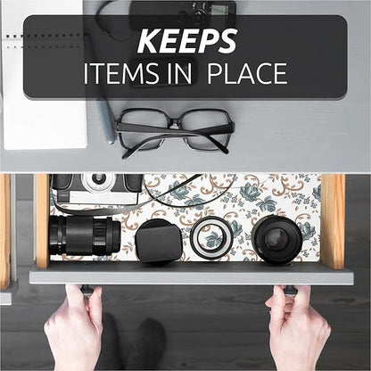 FIFTY FEET 20X120 Inch Shelf Liner for Kitchen Cabinets, PVC Drawer Liner for Dresser Non-Slip Bathroom, Non-Adhesive Cabinet Liner Washable (Black Floral)(1 Roll)