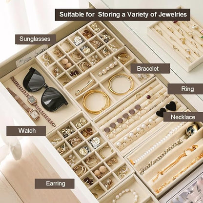 SPAKOWN Jewelry Organizer for Drawer, Adjustable Velvet Jewelry Tray, Stackable Necklace Organizer Earring Holder Organizer Ring Tray Jewelry Storage Display Drawer Inserts Set of 9 (Beige)