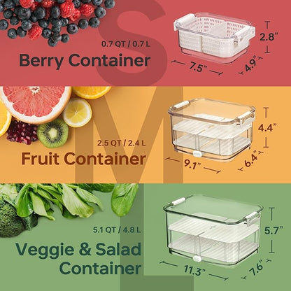 Felli Duo Fresh Produce Saver for Fridge, Fruit Vegetable Container with Vent & Drainage in Bottom for Wash, Colander Strainer Storage Bin for Refrigerator, Berry Lettuce Keeper, Christmas Gifts