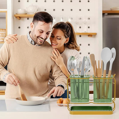 First-zgel Kitchen Utensil Holder Wall Mount, 6.7" Silverware Holder for Kitchen Countertop, Toothbrush Holders Utensil Drying Holder with Drain Tray for Silverware,Spatula (Green)