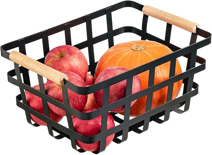 Large Metal Farmhouse Baskets,4 Packs Pantry Storage Baskets,Matte Black Food Organizer Storage Bin Basket with Wood Handles for Kitchen Cabinets Shelf Pantry