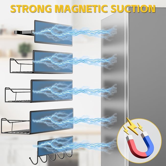 5 Pack Magnetic Shelves for Washing Machine & Refrigerator, Heavy-Duty Metal Magnetic Laundry Organizer with Hooks, Space-Saving Storage Baskets for Laundry Room, Kitchen & Closet (Black)