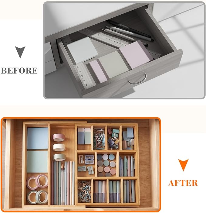 1 Pcs Bamboo Desk Drawer Organizer 2 Inch Height Expandable Drawer Organizer Trays with 13 Adjustable Compartments Desk Accessories for Makeup Silverware Office Bathroom(Wood)