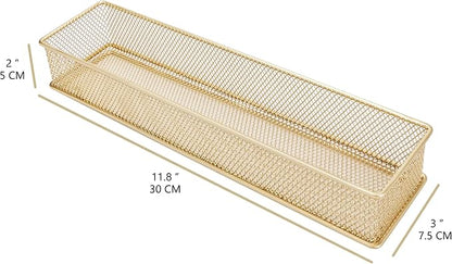 Annova Mesh Stackable Drawer Cabinet and Shelf Organizer Bins Storage Basket School Office Supply Holder Tray- Set of 2 (Gold, 3x12x2 Inch)