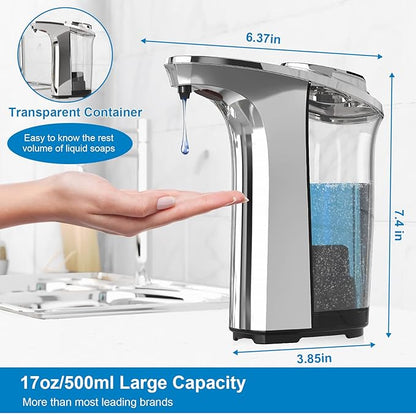 PZOTRUF Automatic Soap Dispenser, Touchless Dish Soap Dispenser 17oz/500ml with Infrared Sensor, 5 Adjustable Soap Levels, Liquid Dispenser for Bathroom Kitchen (Silver)