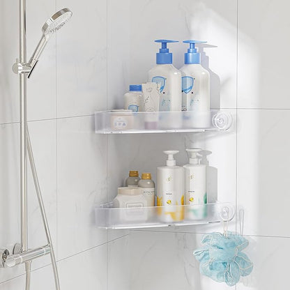 Sotfamily Plastic Shower Caddy Corner (For 90° Only), 2 Pack Adhesive Corner Shower Shelves for Bathroom Organizers and Storage, Crystal