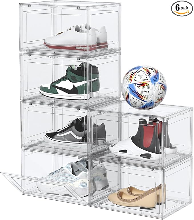 Tyminin 6 Pack Plastic Stackable Shoe Box, Shoe Storage Organizer with Magnetic Door, Sneakers Boxes Containers, Clear