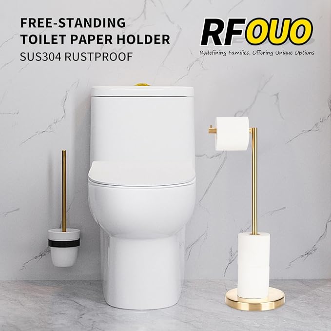 Brushed Gold Toilet Paper Holder Stand 1 pc, Free Standing Toilet Paper Holder Stand,Bathroom Toilet Paper Storage with 2.7 Pounds Heavy Base for 4+1 Rolls,Toilet Tissue Holder