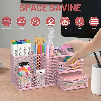 Mesh Desk Organizer, Pen Organizer with 2 Drawers and 5 Compartments, Versatile Pen Holder for Small Space, Desk Organizers and Accessories for School Office Supplies, Pink