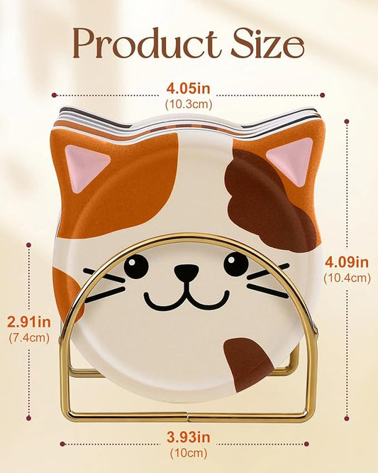 Oqplog Cat Drink Coasters for Desk Coffee Table Set of 6-Funny Ceramic Cup Holder Coaster for Office Home Outdoor Cute Decor Gifts for Women Family
