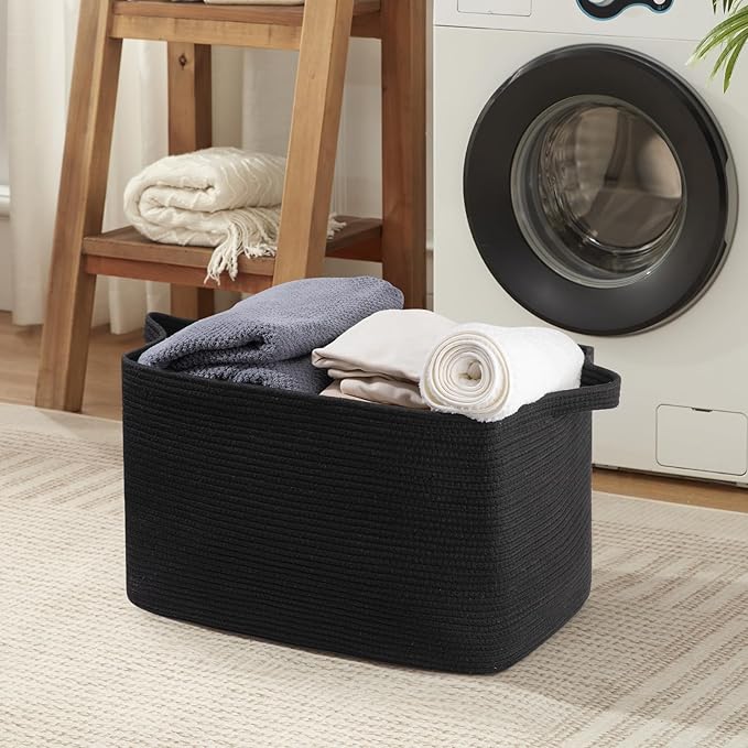 95L Large Blanket Basket, Black Blanket Storage Living Room, Rectangle Woven Baskets for Storage Toys, Towels, Dirty Clothes Organizer Bins (Black)