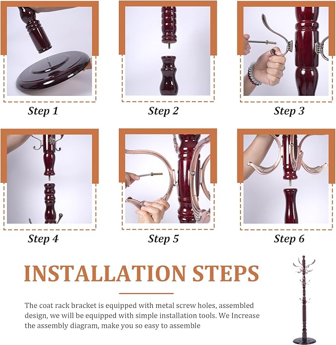 73”Vintage Wooden Coat Rack，With 14 Hooks and Sturdy Round Base.Sturdy and Durable Standing Coat Racks，Adjustable Wooden Freestanding Coat Rack for Porch，Bedrooms (Metal, 1 PCS)