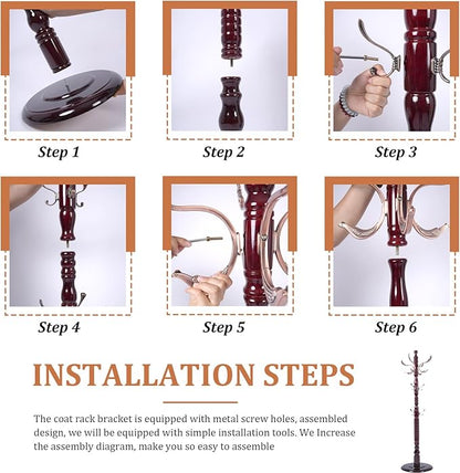 73”Vintage Wooden Coat Rack，With 14 Hooks and Sturdy Round Base.Sturdy and Durable Standing Coat Racks，Adjustable Wooden Freestanding Coat Rack for Porch，Bedrooms (Metal, 1 PCS)