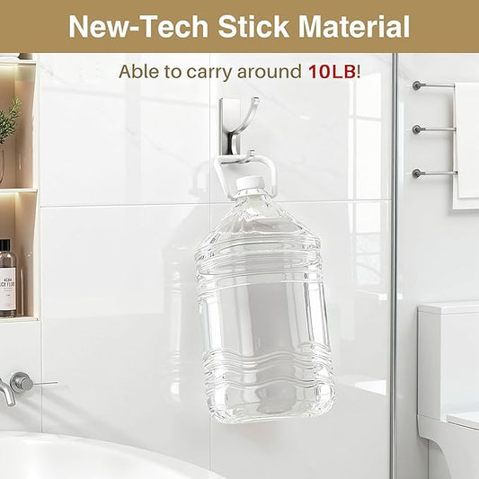 pickpiff Adhesive Wall Hooks with Strip - No Residue, Easy to Remove, Strong Heavy Duty Sticky Towel Hook, 4 Pack Silver