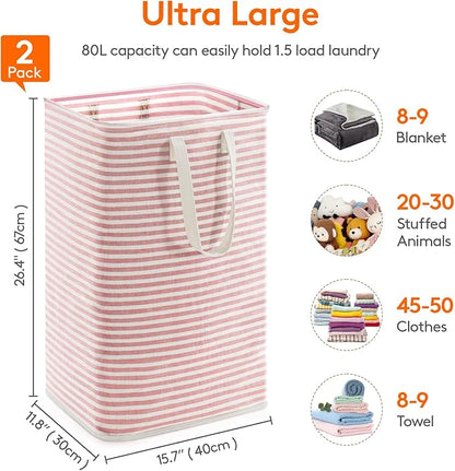Lifewit 2 Pack Laundry Hamper Large Collapsible Laundry Baskets, Freestanding Waterproof Clothes Hamper with Easy Carry Handles in Laundry Room Bedroom Bathroom College Dorm, Grey&Pink, 2 x 80L