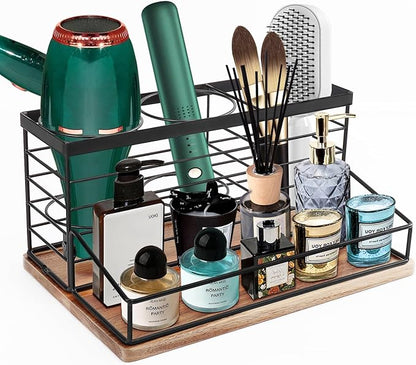 Siyzda Hair Tool Organizer, Movable Hair Dryer Holder, Hair Styling Tools Storage for Vanity, Bath Counter Organizer, Bathroom Trays for Hair Toiletry, Makeup (12" x 7.7" x 5.8", Wood-Black)