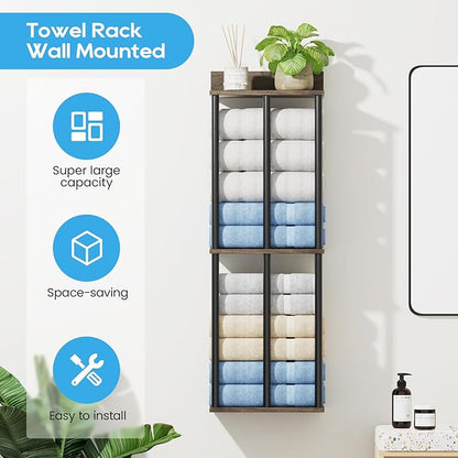 Towel Racks for Bathroom Wall Mounted with Wooden Storage Shelf, Updated 3 Bar Metal Towel Holder for Rolled Towels, Sturdy and Large Capacity, Towel Storage Organizer