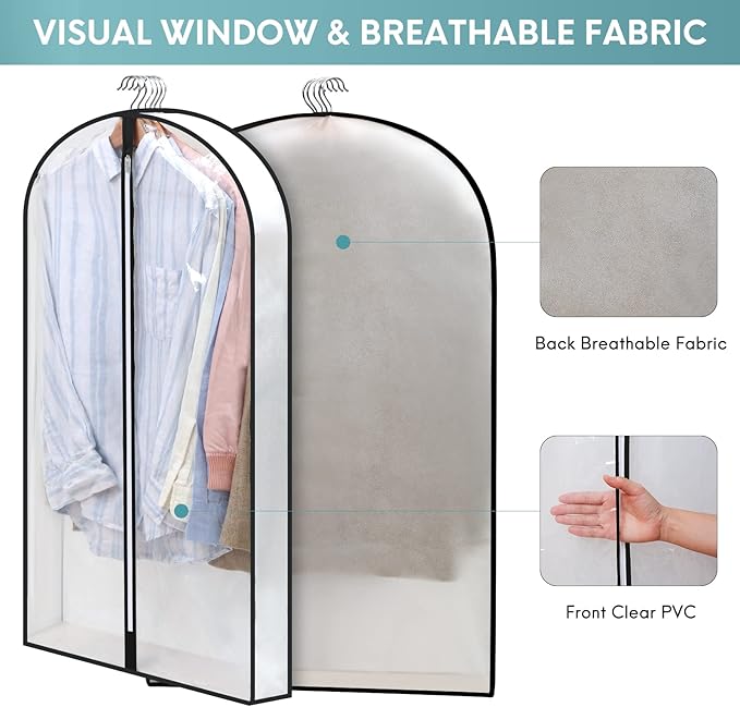 50" Clear Garment Bags for Hanging Clothes W/ 4" Gussetes, 4 Packs Suit Bags for Closet Storage, Plastic Waterproof Suit Cover Bags with Zipper for Coats, Jackets, Dresses