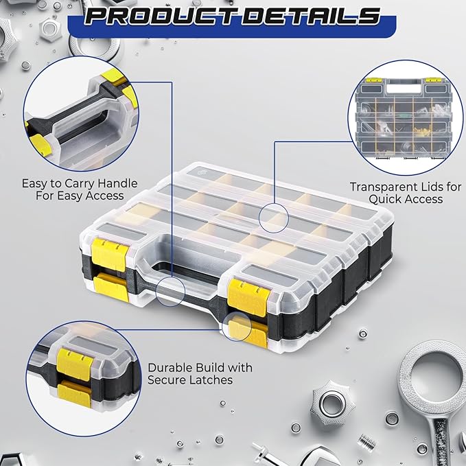 NATGAI 2 Pack Small Parts Organizers, 34-Compartments Double-Sided Tool Box with Removable Dividers for Hardware, Screws, Bolts, Nails & Fishing Accessories, Durable Plastic Storage Case (Yellow)