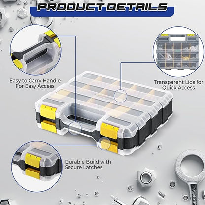 NATGAI 2 Pack Small Parts Organizers, 34-Compartments Double-Sided Tool Box with Removable Dividers for Hardware, Screws, Bolts, Nails & Fishing Accessories, Durable Plastic Storage Case (Yellow)