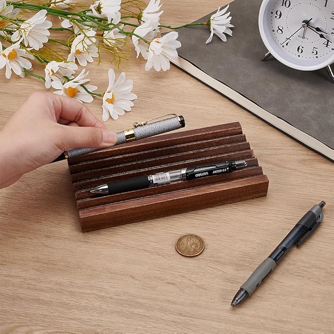MAYJOYDIY Walnut Horizontal Pen Holder Rectangle Pen Holder Wooden Desk Organizer Pencil Holder with 6 Groove Stylish Vintage Fountain Pen Tray for Home Office Classroom Desktop Accessories
