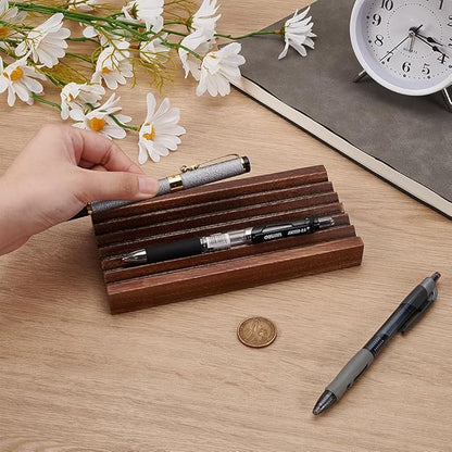 MAYJOYDIY Walnut Horizontal Pen Holder Rectangle Pen Holder Wooden Desk Organizer Pencil Holder with 6 Groove Stylish Vintage Fountain Pen Tray for Home Office Classroom Desktop Accessories