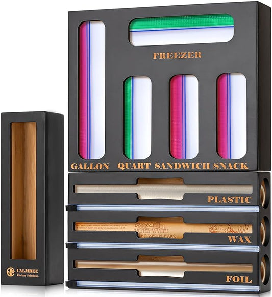 Calmbee 9-in-1 Bamboo Kitchen Organizer - Black & Multicolor Modern Minimalist Caddy with 3-in-1 Wrap Dispenser, Cutter & Bag Organizer