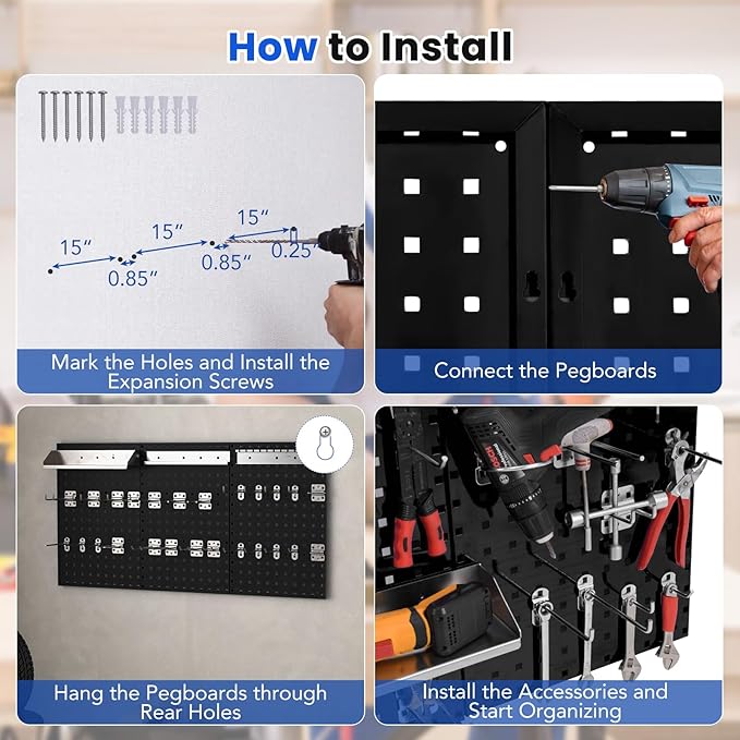 Pegboard Wall Organizer, 3 Pieces Metal Pegboard Panels with 25 Hooks, Storage Platform & Square Hole, Pegboard Kit for Utility Tools, Garage & Workshop(Black)
