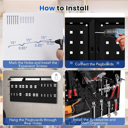 Pegboard Wall Organizer, 3 Pieces Metal Pegboard Panels with 25 Hooks, Storage Platform & Square Hole, Pegboard Kit for Utility Tools, Garage & Workshop(Black)