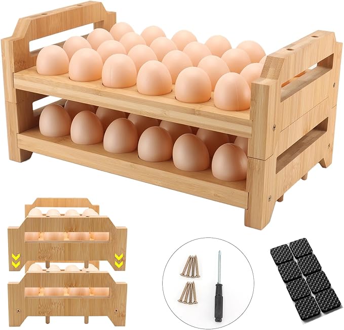 48 Egg Holder Countertop 2-Tier Stackable Bamboo Egg Tray with Anti-Slip Pads/Ventilation Design, Kitchen Counter Display Fresh Eggs Storage Organizer for Chicken/Duck/Turkey Eggs