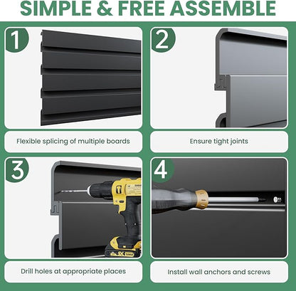Slatwall Panel Wall Storage Systems, 4x8 ft Slat Wall Paneling Garage Wall Organizer with Six Hooks, Heavy Duty Wall Mounted PVC Wall Rack, Black