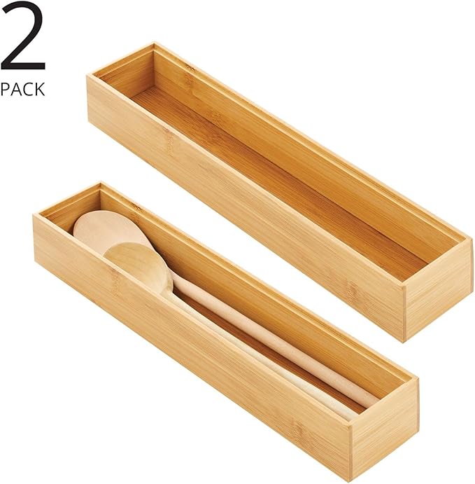mDesign Slim Wooden Bamboo Drawer Organizer - 15" Long Stackable Storage Box Tray for Kitchen Drawers/Cabinet - Utensil, Silverware, Spatula, Flatware Holder - Echo Collection, 2 Pack, Natural Wood