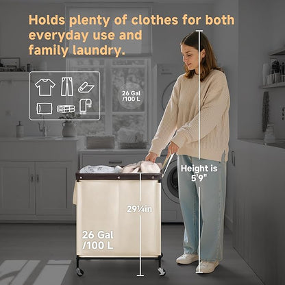 StorageWorks 2 Section Laundry Hamper, Rolling Laundry Cart with Wheels and Handles, Laundry Room Double Sorter for Organizer and Storage, 26.4 Gal(100L), Beige